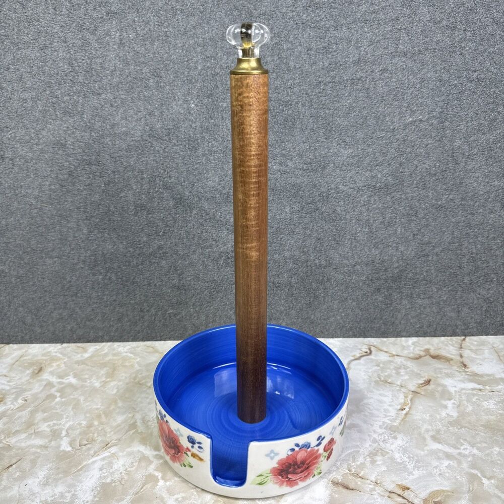 The Pioneer Woman Paper Towel Holder Heritage Floral Stoneware Acacia Wood #2